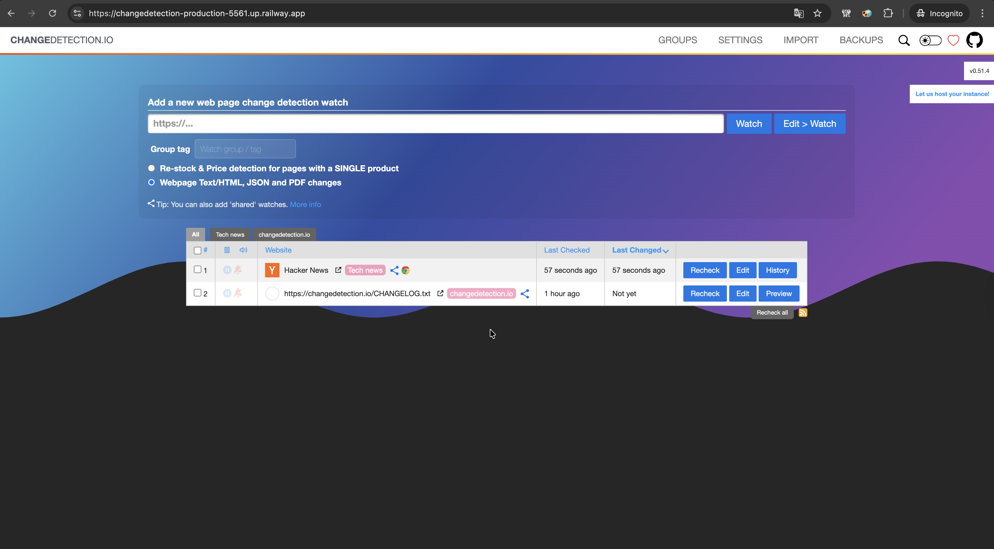Changedetection.io Homepage